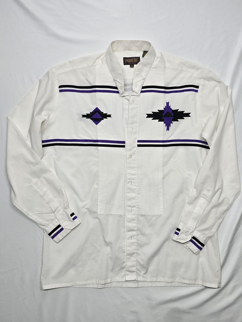 Perruzo Uomo Southwestern Geometric Applique Dress Shirt White Purple Size L